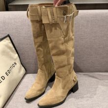 靴子女夏2025新款复古皮带扣堆堆靴尖头粗跟中筒靴显瘦不过膝长靴