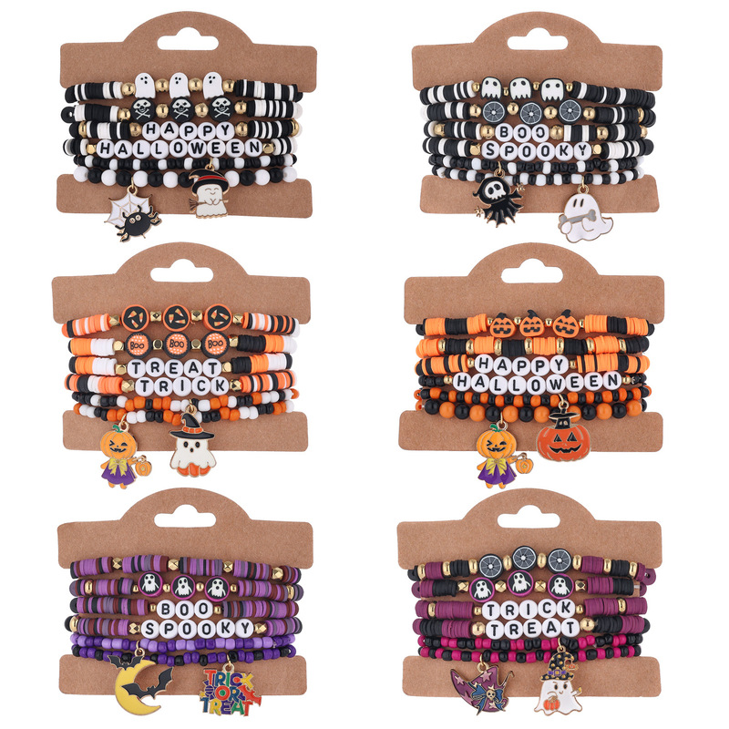 European and American Style Halloween Theme Soft Pottery Bracelet Set Black Orange Purple Bracelet Circumference 18.5cm