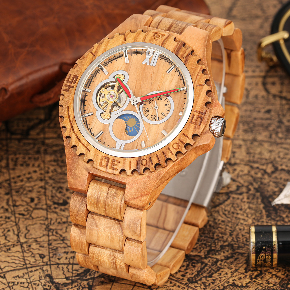 Automatic Mechanical Watch Men Zebra Wood Red Sandalwood Skeleton_voghion.com