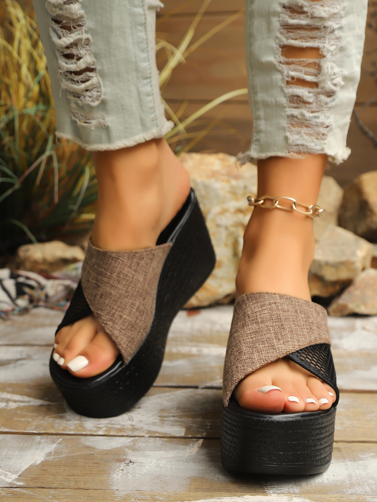 Plus Size Hollow Out Wedge Sandals For Women, Summer New Style, Thick Sole Fabric, Thick Sole Sandals, Size 43_vogvips.com