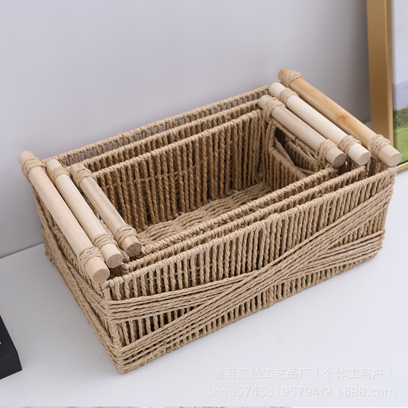 Cesta de almacenamiento de mesa tejida para el hogar al por mayor de comercio exterior con manija de madera