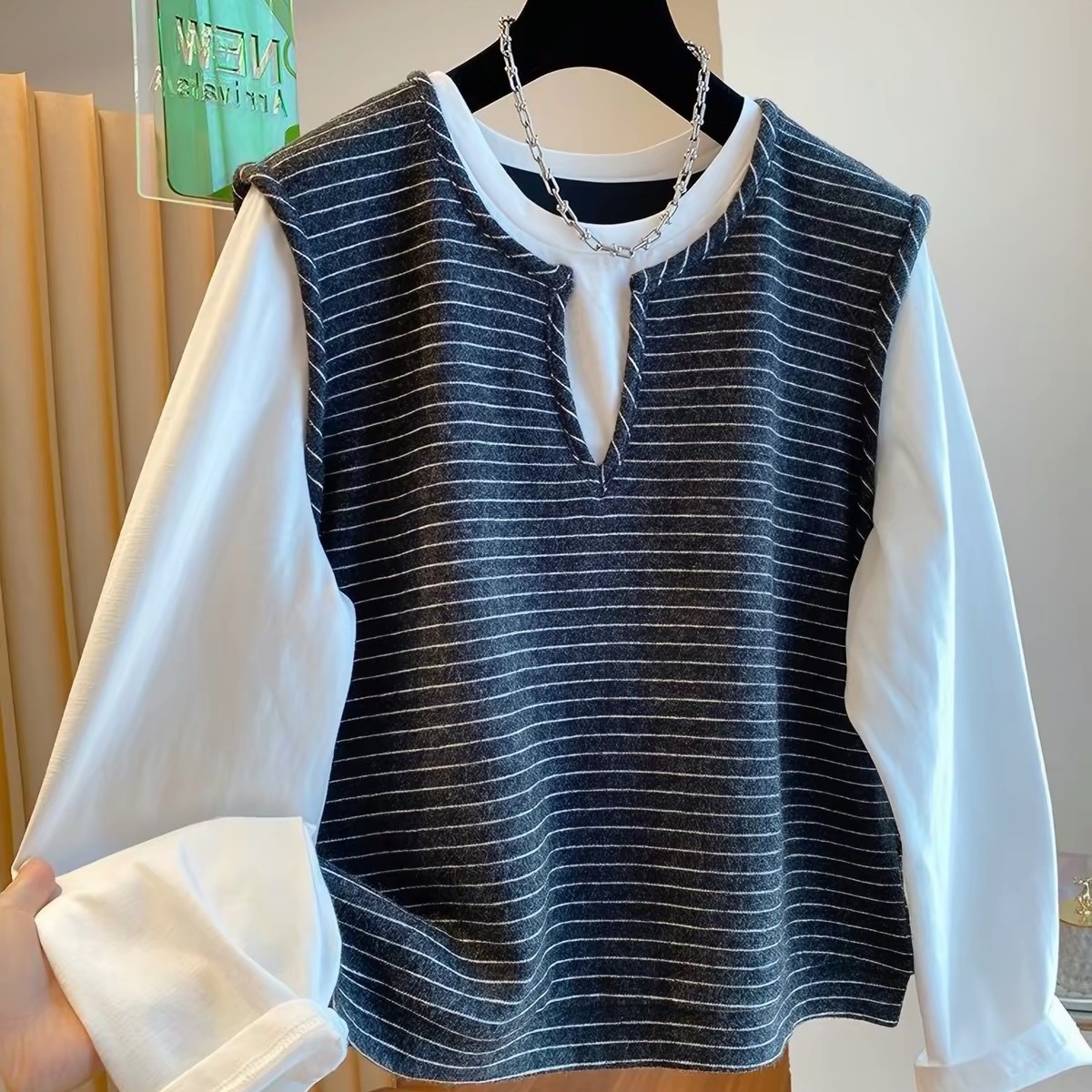 zj829韩系宽松版型 特大码300斤条纹假两件长袖T恤女秋季宽松