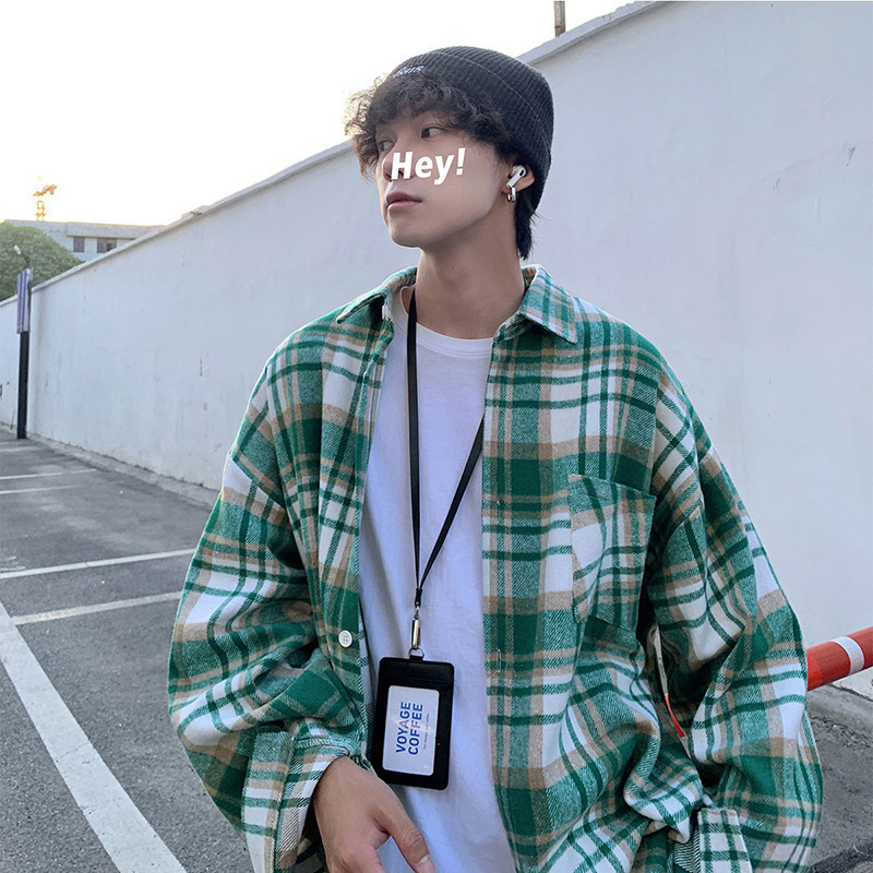 Green Woolen Plaid Shirt Long-sleeved 2025 Spring British Yuppie Men's Casual Shirt Design High-end Jacket