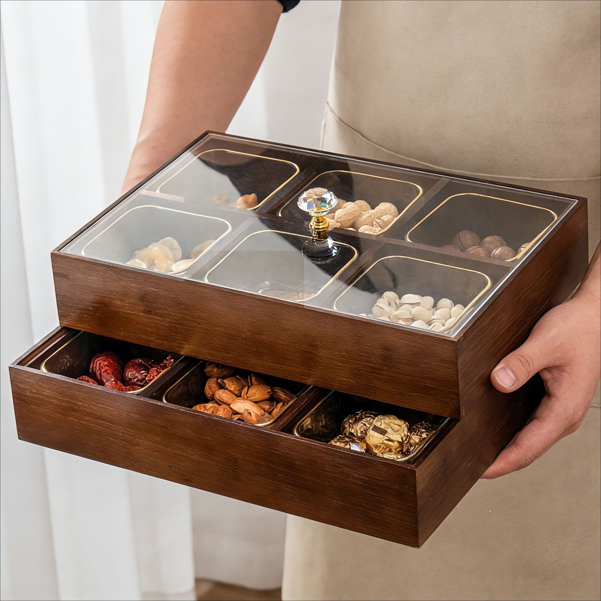 Nueva caja de frutas secas de madera china, caja de almacenamiento de bocadillos de nueces, bandeja de frutas dividida, bandeja de dulces doméstica de nueva casa