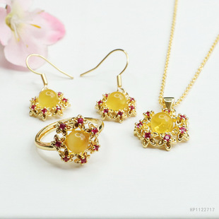 Yuyu Natural Amber Beeswax Set Pendant Ear Hook Earring Ring Three-Piece Factory HP1122717