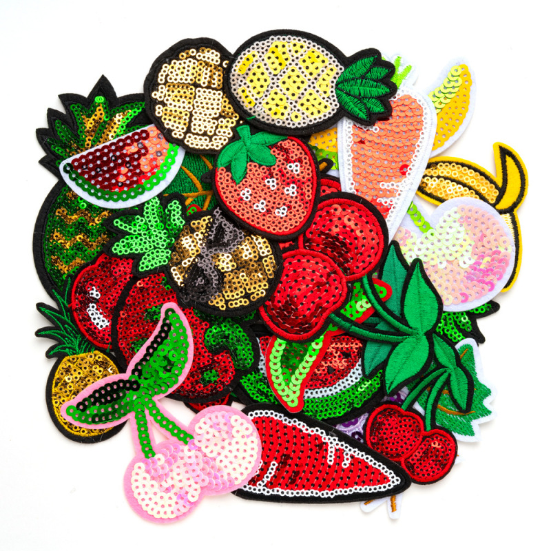 スパンコール刺繍布ラベル卸売コンピュータ刺繍チェリースイカイチゴスパンコールフルーツシリーズ刺繍布ステッカー縫製不要ステッカー|undefined