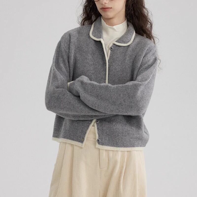 Two-Color All-Wool Contrasting Silhouette Thick Knitted Button Sweater Cardigan Retro Lazy Autumn and Winter Knitted Women's Top