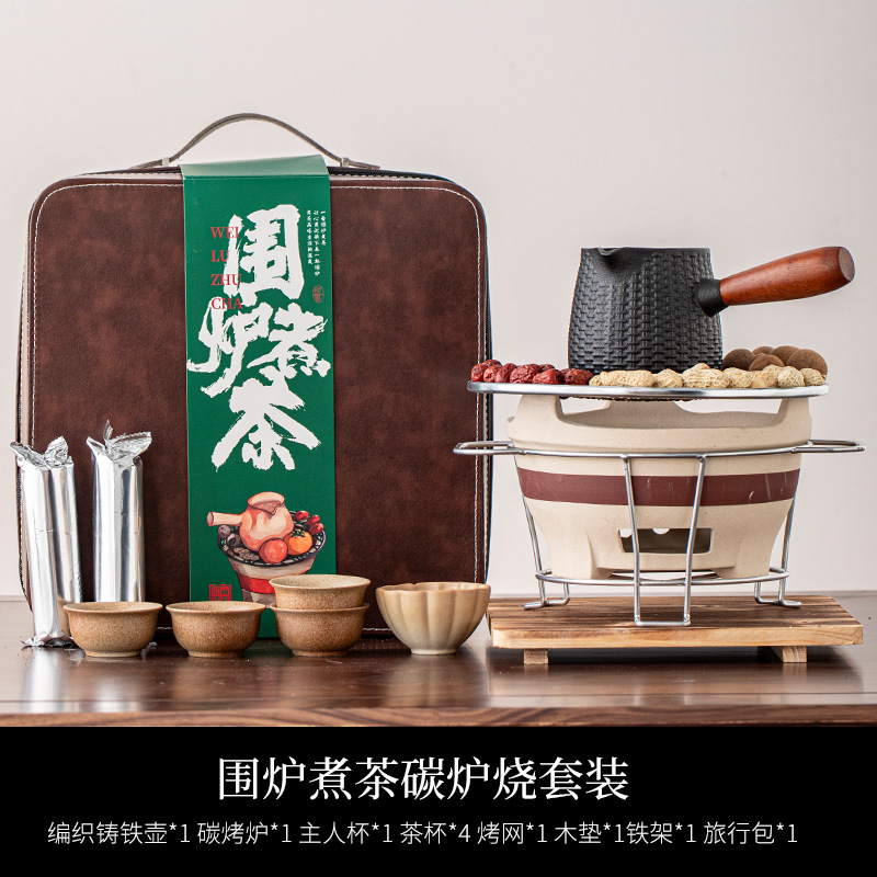 Estufa de carbón mediana, juego completo de tapete de madera + tetera tejida con asa lateral de hierro fundido - 600 ml - bolsa de viaje con faja