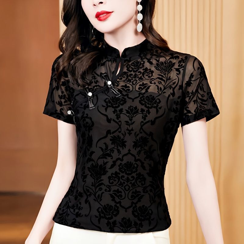 Foreign Trade Cross-Border Sexy Mesh Cut Out Short-Sleeved Women's Summer Buttoned Cheongsam Collar Top Slim Lace Bottoming Shirt