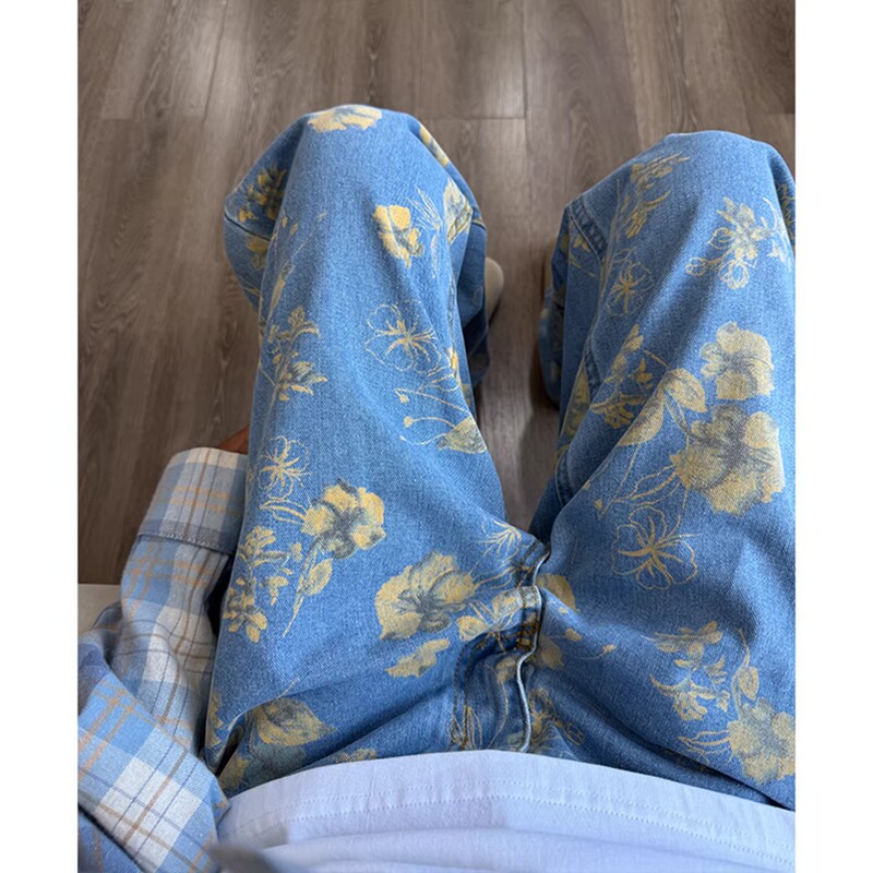 American Retro Floral Jacquard Jeans for Men, Autumn Stylish High-End Pants, Loose Straight Casual Long Pants