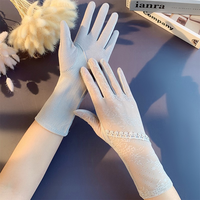 Guantes de protección solar primavera y verano encaje arco guantes de pantalla táctil de conducción de las mujeres transpirable al aire libre protección solar guantes de equitación