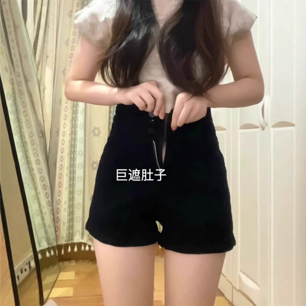 Женские джинсовые шорты с высокой талией в американском стиле, летние большие размеры, черные утягивающие универсальные повседневные широкие шорты А-силуэта.