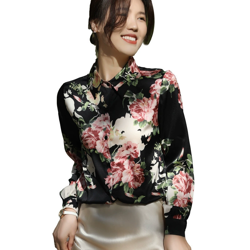 2023 весна и лето новые шелковые рубашки женские длинные рукава высокого класса атласный топ цветочный дизайн рубашка профессиональный костюм