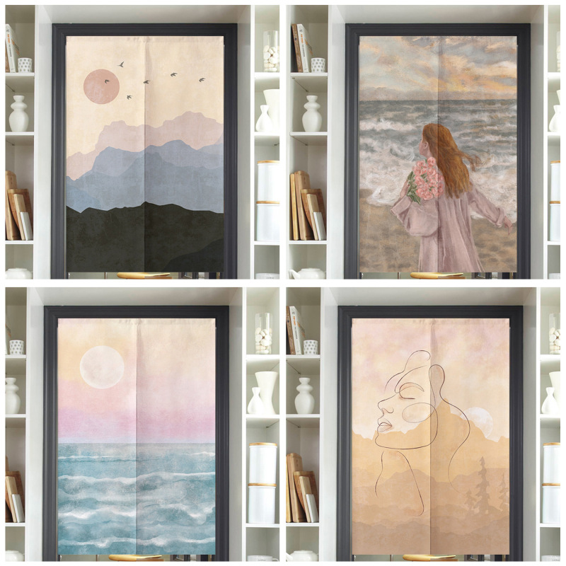 New style kitchen hallway bathroom blocking door curtain girl seaside illustration punch-free telescopic rod fabric partition curtain