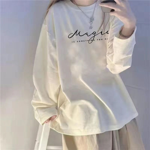 Heavyweight pure cotton long-sleeved T-shirt for women, loose spring and autumn base shirt, student versatile black top clothing, ins trendy