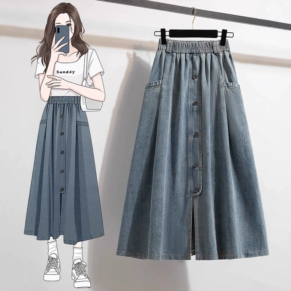 Высококачественная джинсовая юбка трапециевидной формы больших размеров для женщин на весну, классная повседневная юбка для похудения, закрывающая живот, для маленьких людей