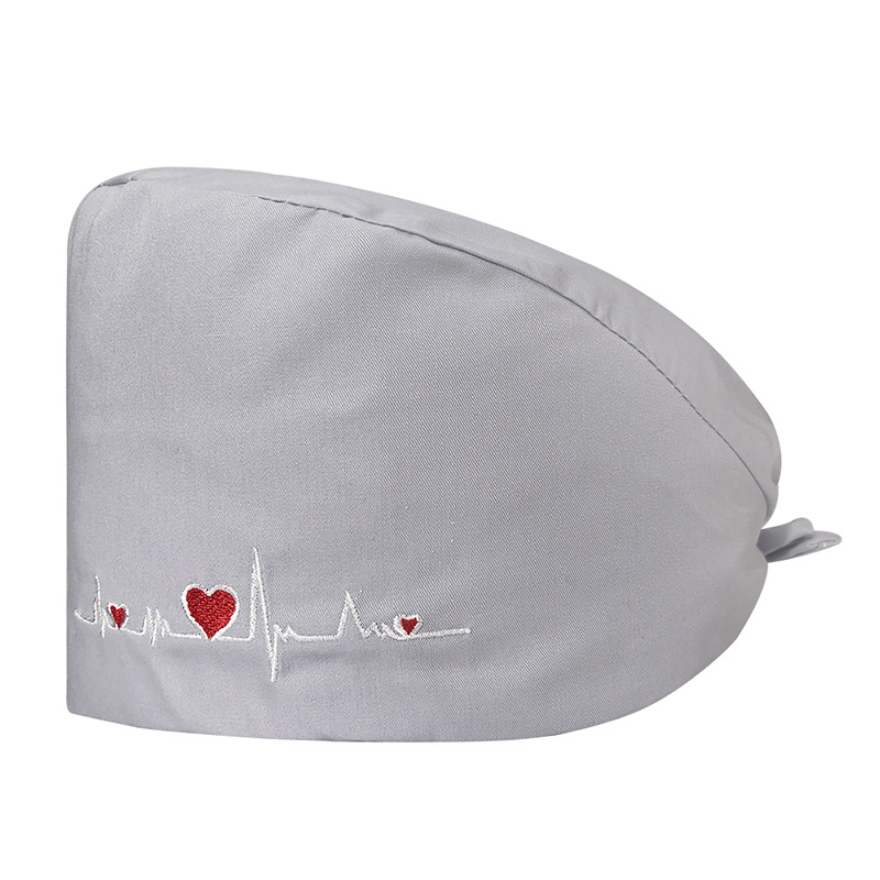 Gorro de Médico de Color Sólido en Poliéster y Algodón, Gorro Médico con Bordado de ECG, Gorro de Trabajo para Cola de Caballo Corta, Gorro Floral en Stock
