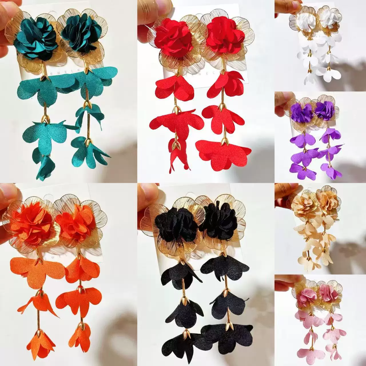 新款镂空布艺橘色花朵流苏耳环 彩色手工花朵耳坠单吊度假风耳饰