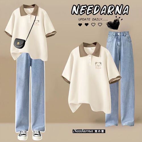 Summer Set Women's Student Korean Style Loose Fit Slimming Polo Neck T-shirt + Jeans College Style Two-Piece Set Trendy