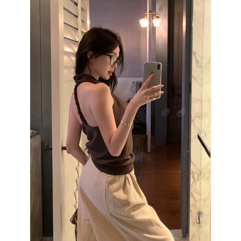 French-Style Twisted Rope Halter Neck Camisole for Women, Summer Outerwear with a High-End Design, Elegant Backless Sleeveless Top