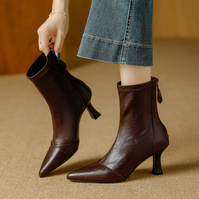 Pointed Toe High Heel Short Boots for Women 2025 Autumn and Winter New French Retro Style Versatile Comfortable Soft Leather Elastic Slim Boots