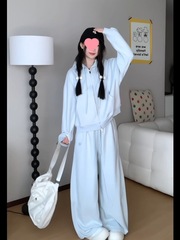 感休闲运动套装女秋冬季学生慵懒风连帽开衫卫衣阔腿裤两件套