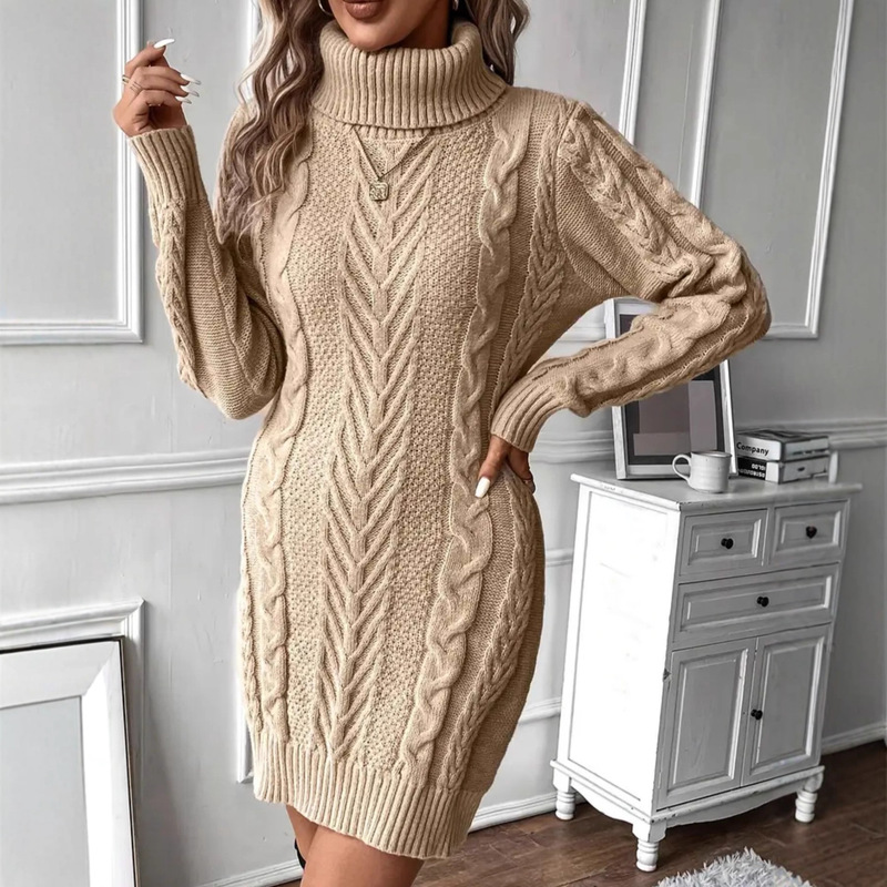 Autumn and Winter European and American Cross-Border Amazon Cross-Border Women's Twist Elegant Fashion High-Neck Women's Large Size Sweater Dress