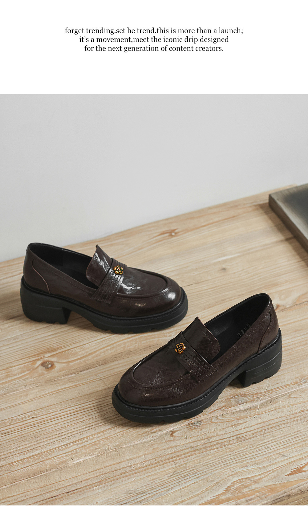 Giày loafer nữ mũi tròn gót vuông dày đế cao 6 cm da cừu — màu nâu chi tiết 28