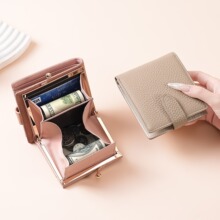 日本真皮口金铰包短款零钱包包荔枝纹头层牛皮三折多功能证件包包