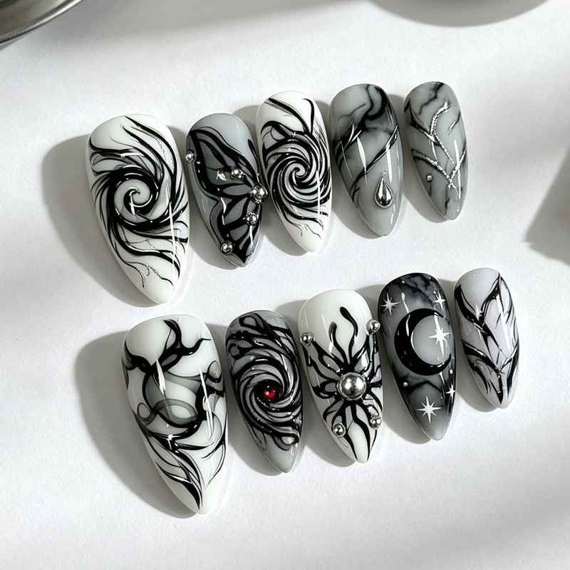 30 pieces of cross-border dark gothic style almond-shaped press-on nails with black and gray ink wash, star and moon spiral rivet nail art