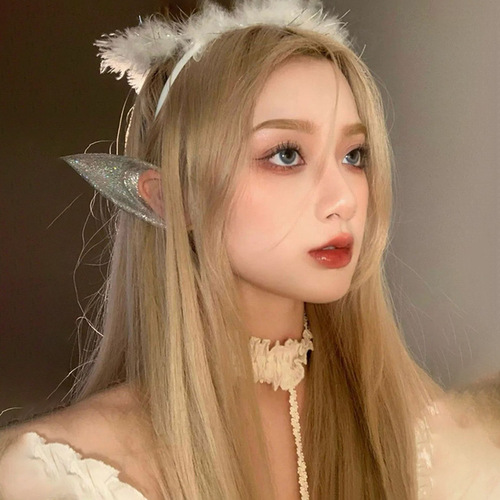 Wig for women with long hair, full headband style, face shaping, medium parting, long straight hair, lolita natural fluffy wig set