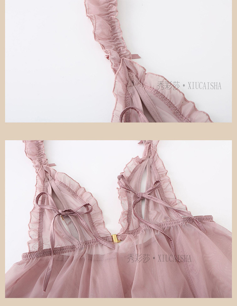 See-Through Mesh Lingerie Set with Suspender Skirt, Backless Babydoll, Stockings Included — detail image 28
