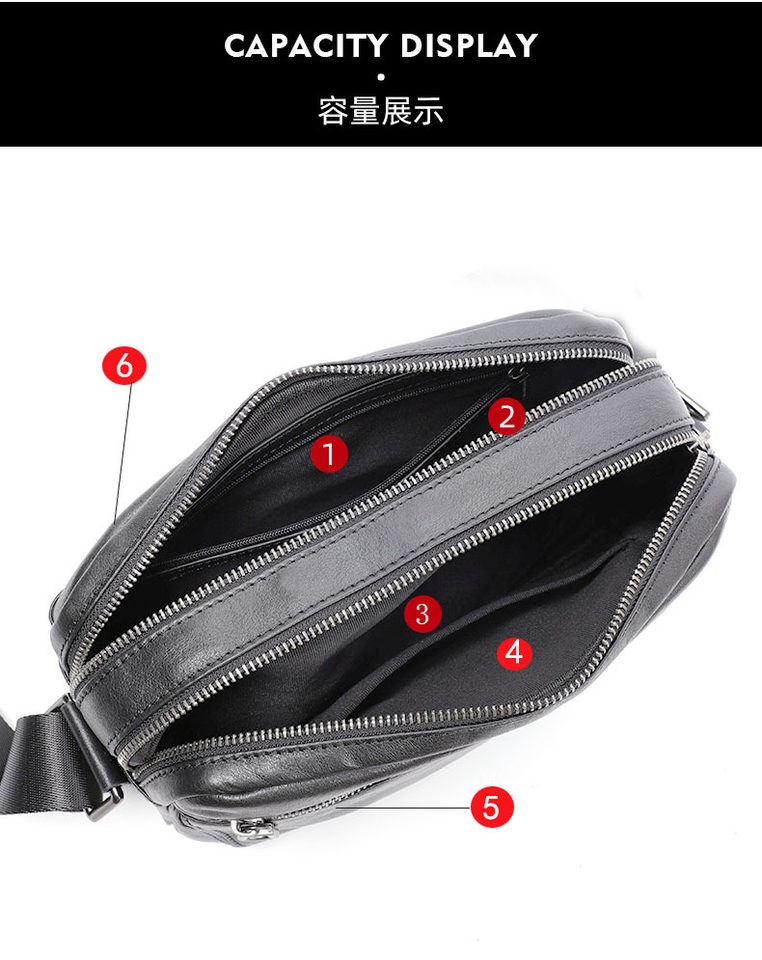 Túi đeo chéo nam da bò lớp đầu, túi đeo vai nhỏ đựng máy tính bảng 8 inch — Màu đen chi tiết 5