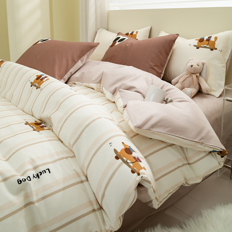 Juego de cuatro piezas de algodón de dibujos animados 2024 nuevo estilo sábana de algodón fresco funda de edredón sábana ropa de cama de verano