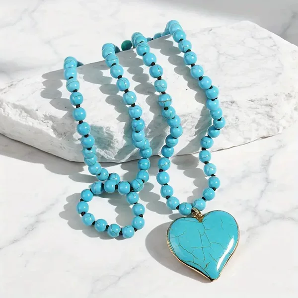 Bohemian Turquoise Love Pendant Long Fashion Retro Ethnic Style Handmade Knotted Beaded Necklace Wholesale