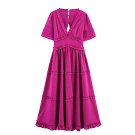 批发2025春新品欧美风女装荷叶边饰长款大摆连衣裙  5230