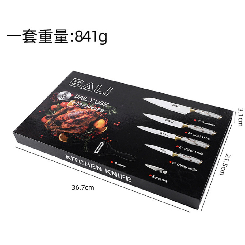 Gran por mayor mármol doble galvanoplastia seis piezas juegos de cuchillos de cocina tijeras cuchillos multifuncionales regalos