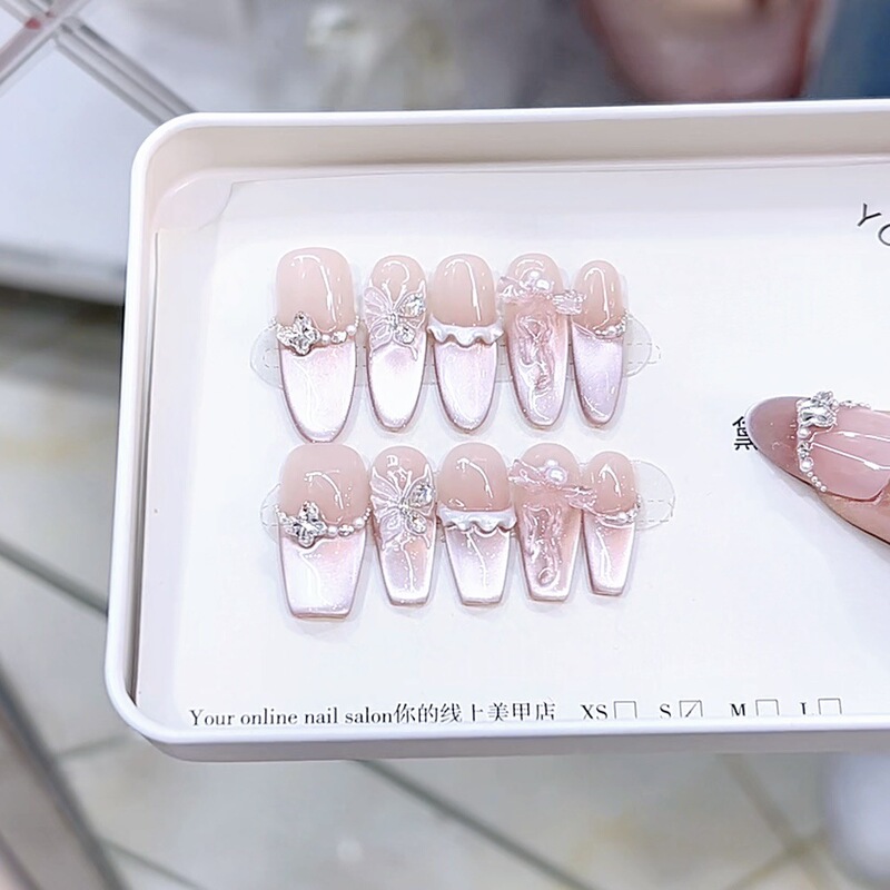 Nai Zi 手作りウェアラブルネイル新しいプリンセススカートジルコン蝶手彫りキャットアイネイルアートパッチ|undefined