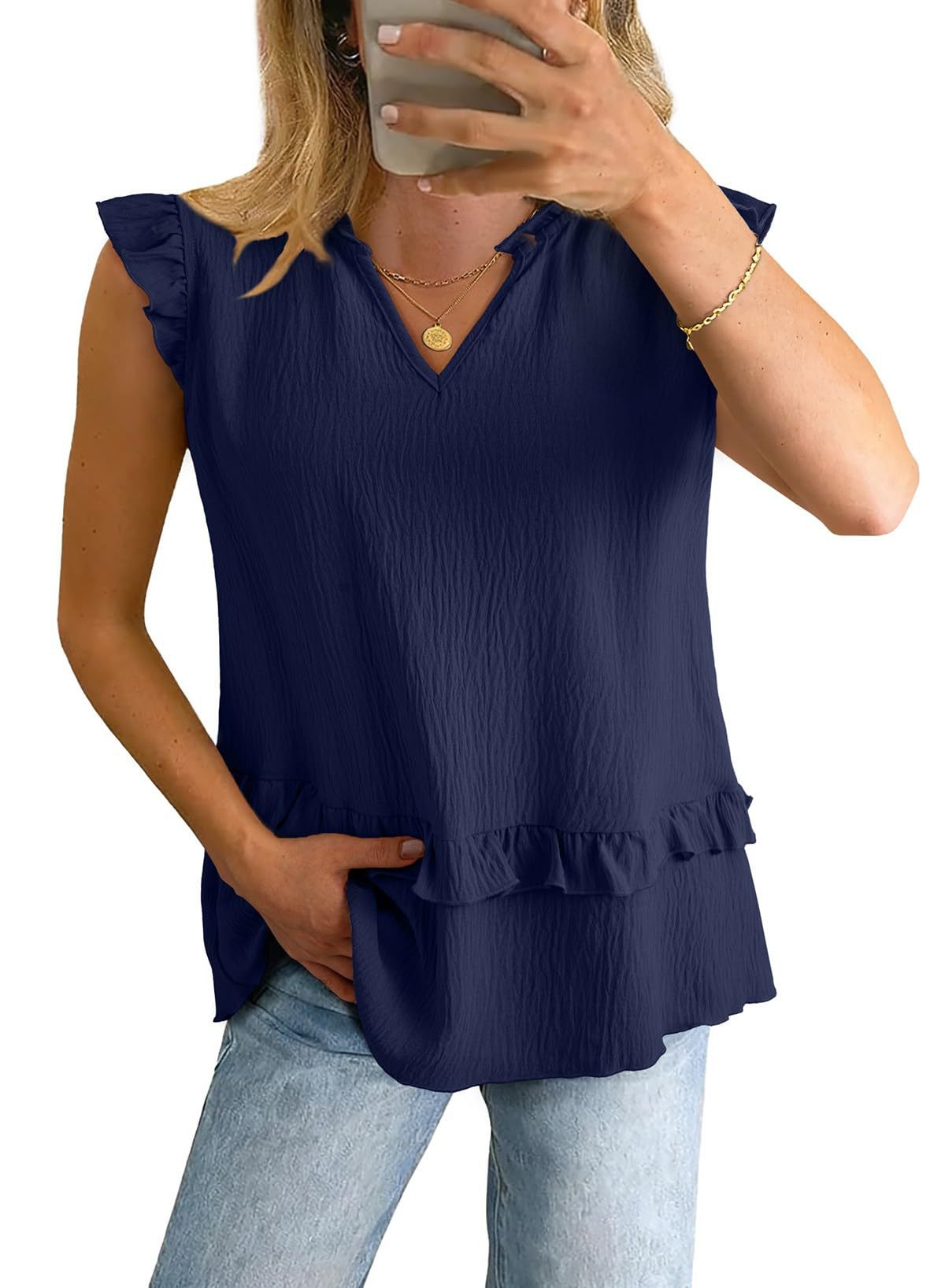 Women's Sleeveless V-Neck Blouse With Ruffle Trim, Flowy Relaxed Fit Casual Shirt For Summer ​Versatile And Easy To Wear_ecoleips.com