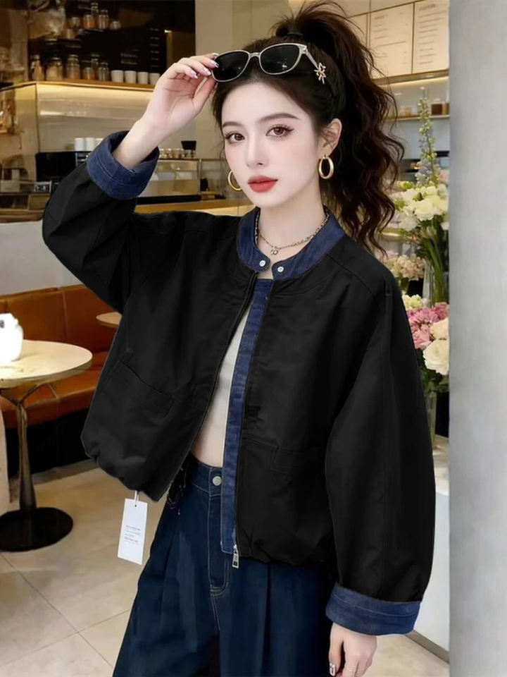 Áo khoác ngắn denim phối màu dáng rộng cổ đứng dài tay nữ — màu xám