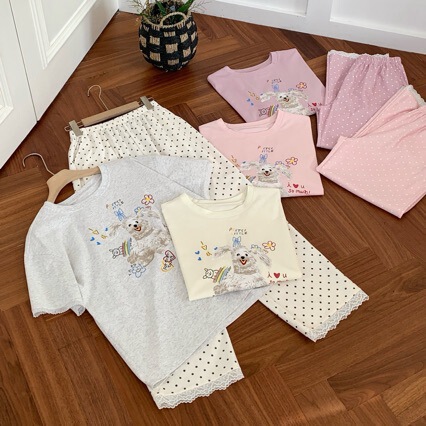 Cotton Polka Dot Naughty Dog Pajamas for Women, Spring and Summer Short-Sleeved Long Pants, Quality Cotton with Lace Trim, Sweet and Cute Cotton Polka Dot Naughty Dog Pajamas for Women, Spring and Summer Short-Sleeved Long Pants, Quality Cotton with Lace Trim, Sweet and Cute