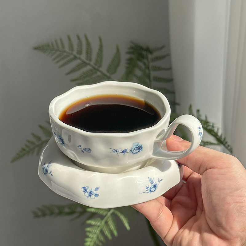 跨境热卖ins风 陶瓷高脚花朵咖啡杯碟小众下午茶碎花拿铁杯高颜值|undefined
