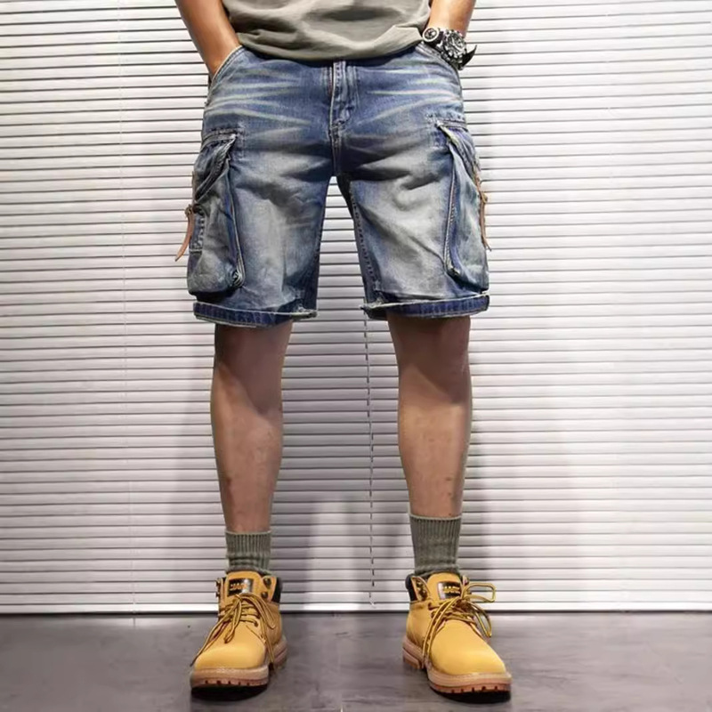 Tooling Vintage Denim Shorts Men's Summer American Heavy Riding Motorcycle Large Pocket Loose Straight Pants