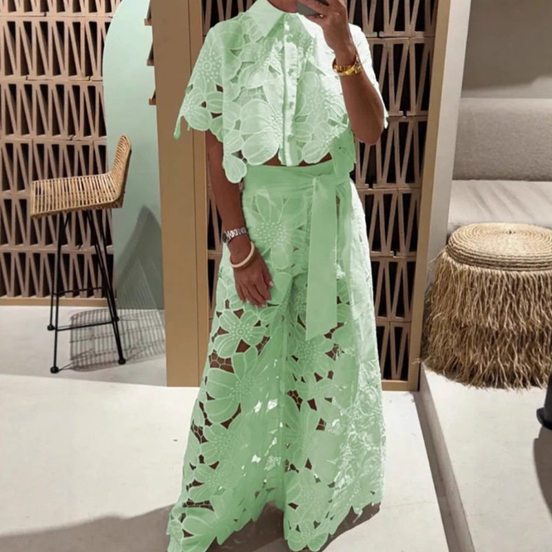 2025 Summer New Amazon Cross-Border European and American Solid Color Sexy Hollow Cardigan Top Wide-Leg Pants Two-Piece Set for Women