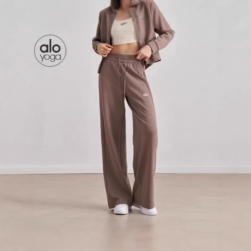 In-Stock Alo Yoga Pants for Women with Drawstring, Versatile High-Waisted Straight Loose Casual Wide-Leg Slimming Fitness Sports Trendy Pants