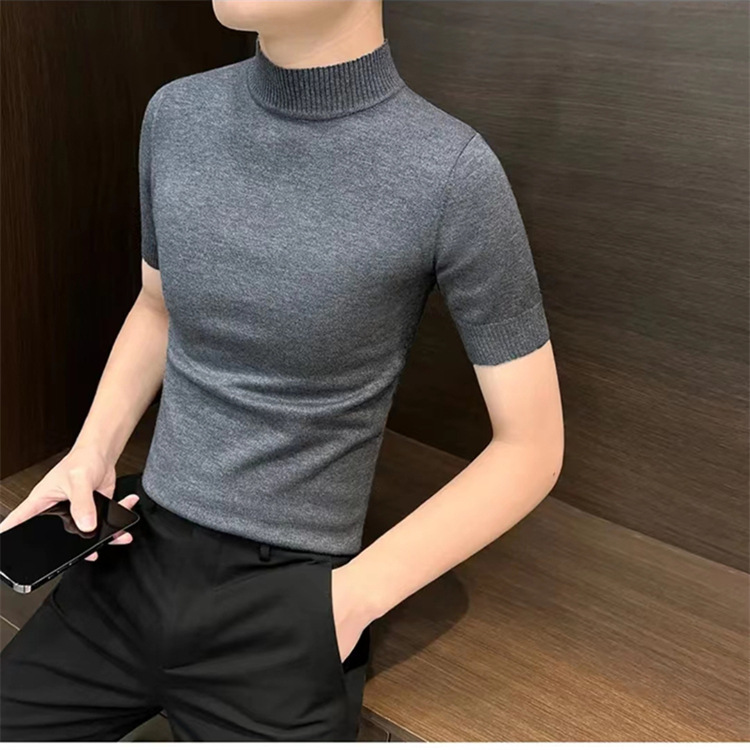 Autumn and Winter Men's Knitted Knitwears Short-Sleeved Half Turtleneck Slim Inner Knitwear Men's Half-Sleeved Bottoming Shirt Pure Color Warm Top