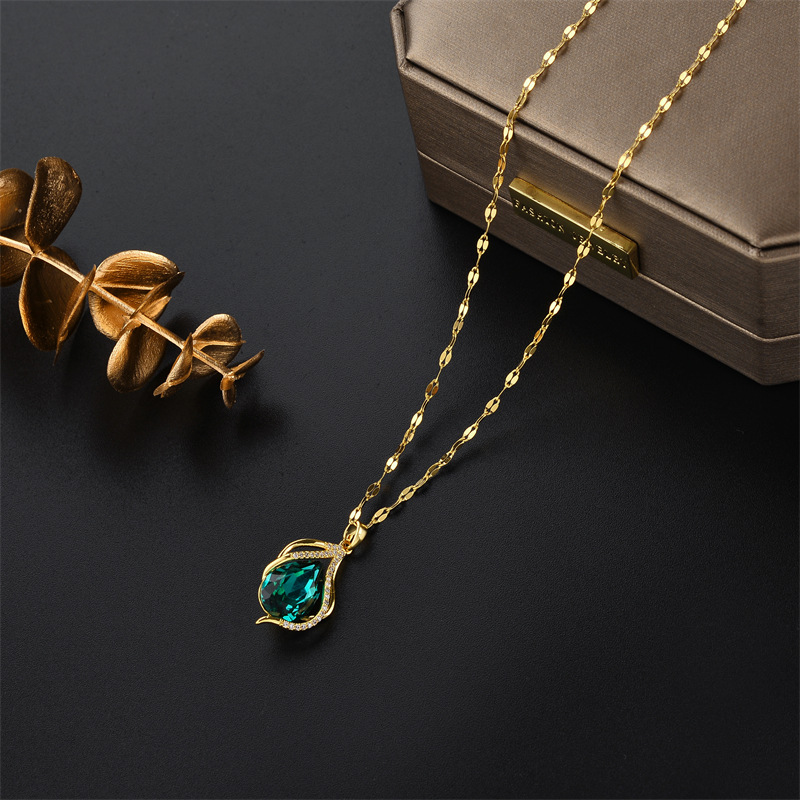 Unisex Hot Sale Fashion Korean Version Micro inlaid Zircon Water Drop Pendant Titanium Steel Clavicle Chain Jewelry_voghion.com