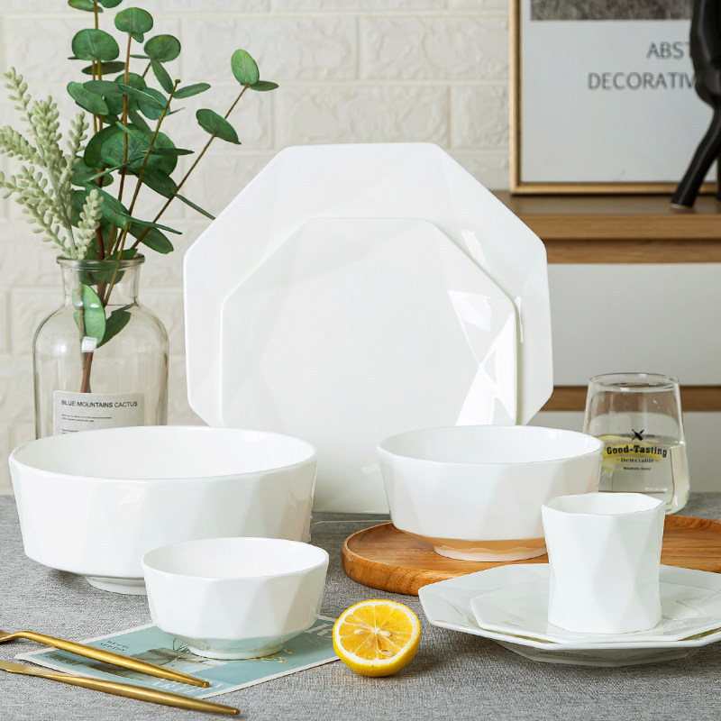 Jingdezhen Tableware Pure White Bone China Bowls and Plates New Style Rice Bowl and Plate Set Creative Polygonal Household Ceramic Bowls Jingdezhen Tableware Pure White Bone China Bowls and Plates New Style Rice Bowl and Plate Set Creative Polygonal Household Ceramic Bowls