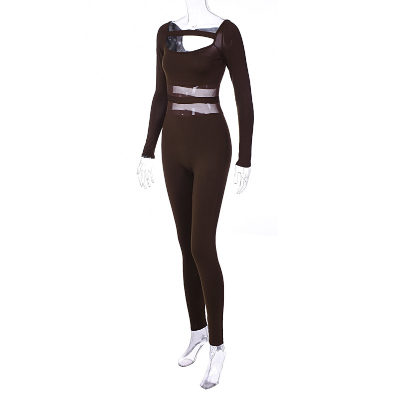 Solid Color Square Collar Mesh Stitching Sports Fitness Jumpsuit - Jumpsuits & Rompers - Uniqistic.com