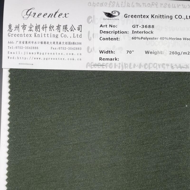 GT-3688 60% Polyester 40% Merino wool interlock Polyester Merino wool GT-3688 60% Polyester 40% Merino wool interlock Polyester Merino wool
